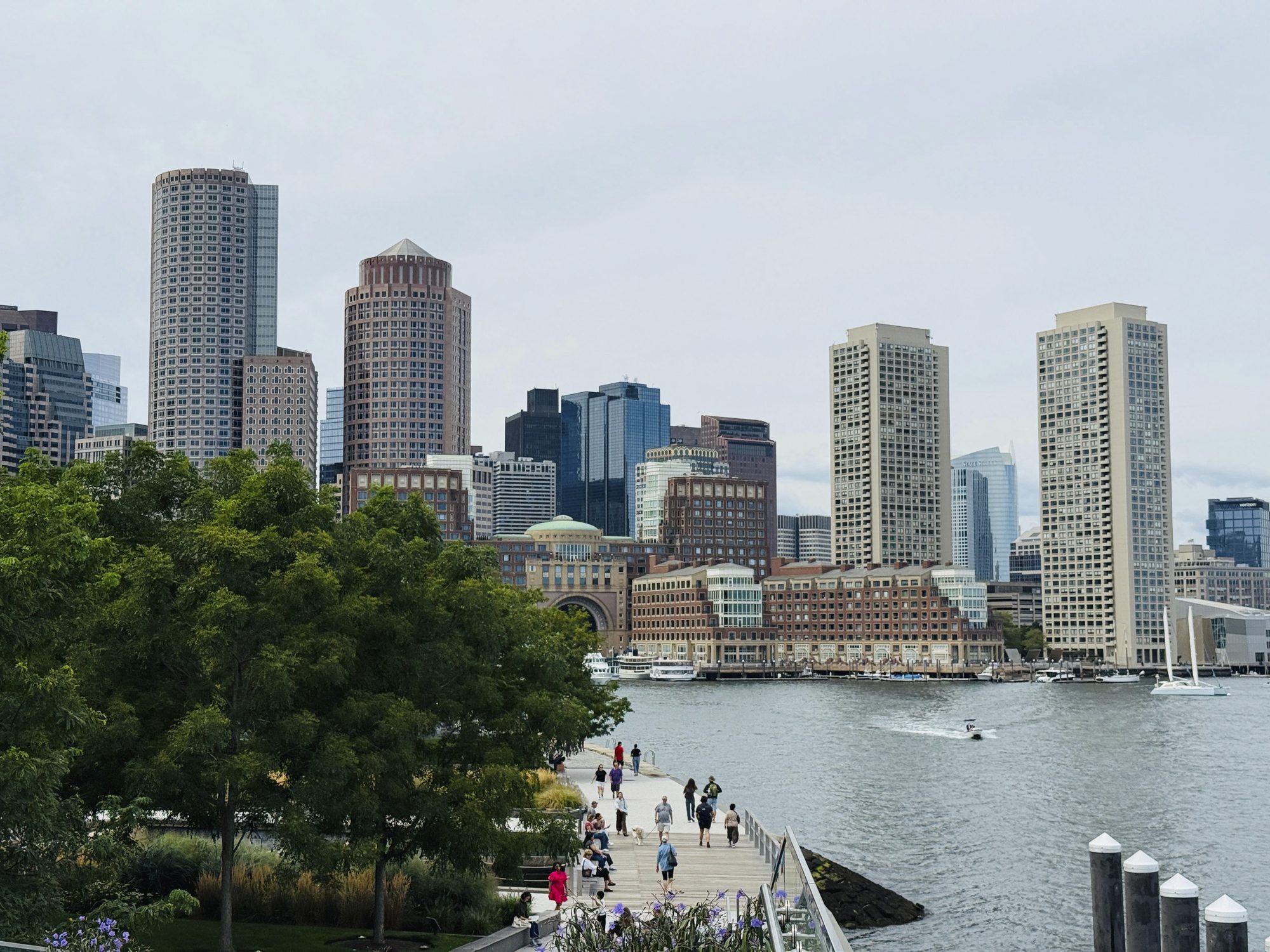 City skyline seen from a harbourfront walkway