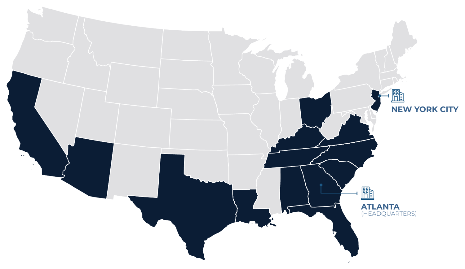 Map of the United States with the states where Axis Partners owns shaded in dark navy, the remaining states in pale gray, and the Atlanta headquarters and New York City office marked